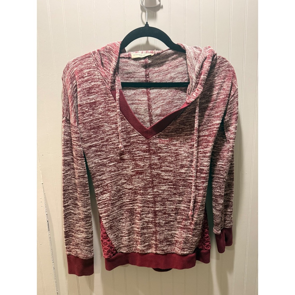 Chance or Fate Burgundy Space Dye Crochet Lace Accent V-Neck Hoodie Small